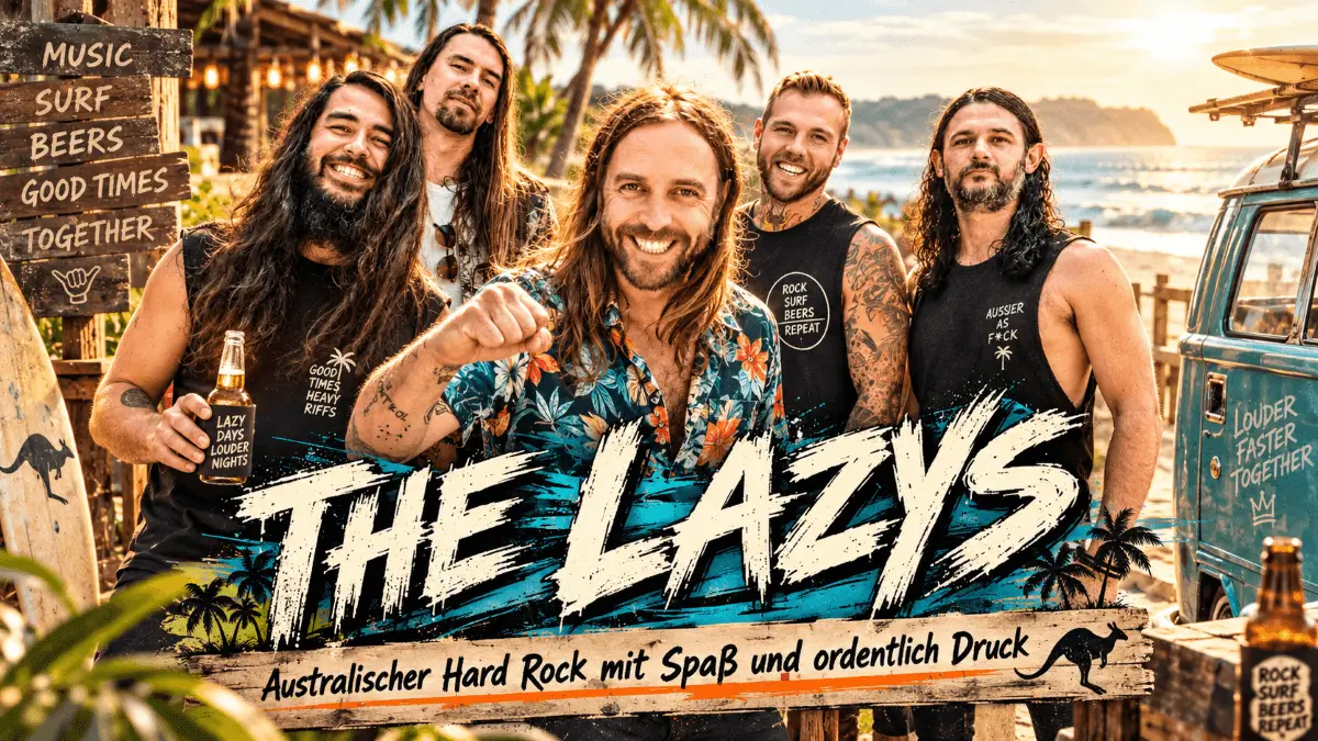 Bandfoto von The Lazys am Strand im warmen Abendlicht, passend zum Beitrag über die australische Hard-Rock-Band.