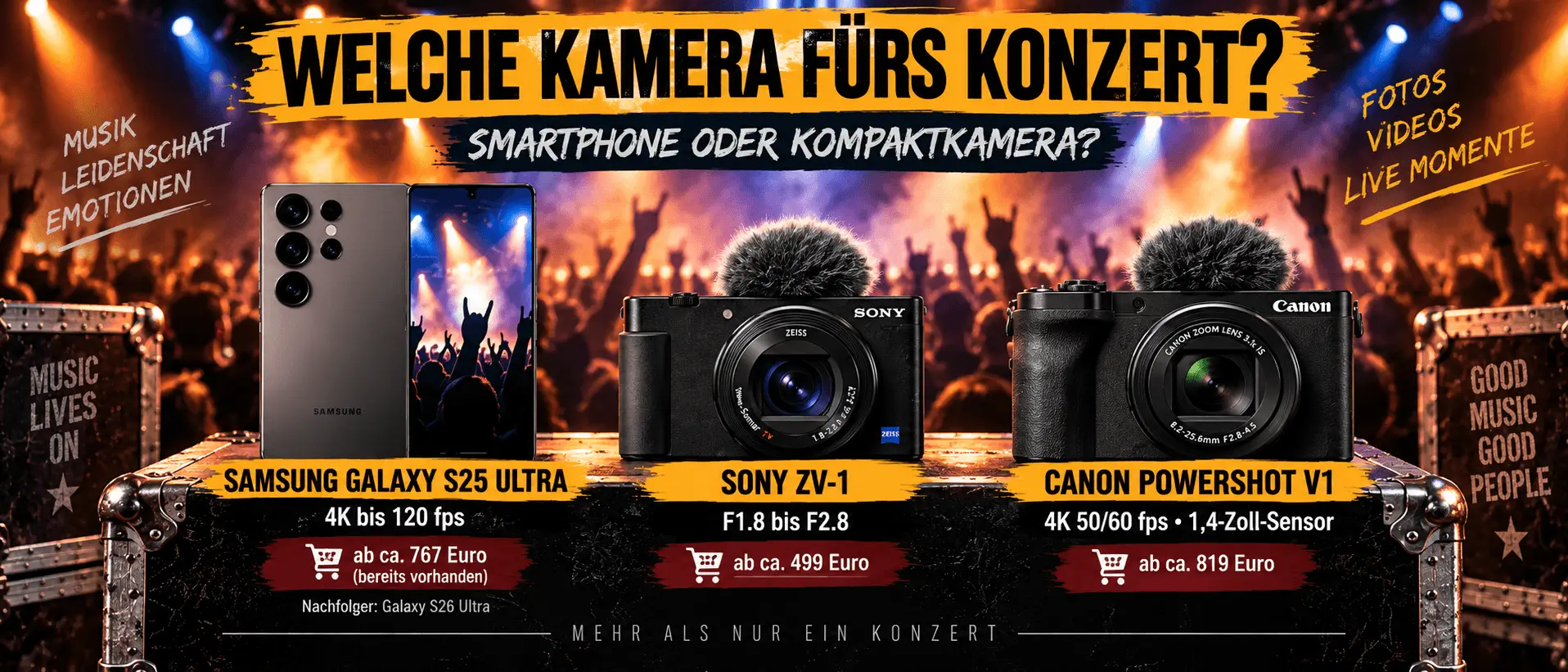 Vergleich von Samsung Galaxy S25 Ultra, Sony ZV-1 und Canon PowerShot V1 für Konzertfotos und Konzertvideos
