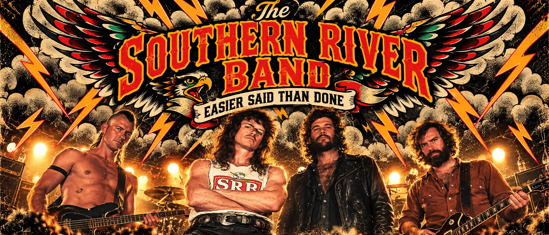 The Southern River Band vor einem Rockposter-Hintergrund zum Album Easier Said Than Done