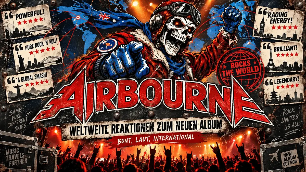 Airbourne-Motiv mit Pilotenskelett, Weltkarte und internationalen Album-Bewertungen zum neuen Album „Airbourne“